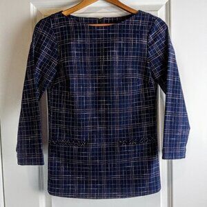 Worth New York Navy Blue Crosshatch Boatneck Long-Sleeve Top